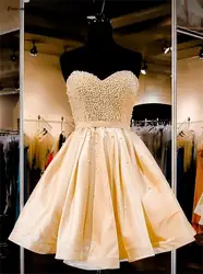 Блестящие золотые короткие платья для выпускного с вырезом в форме сердца, Вышитое, кружевное с открытой спиной 2019 Бальные платья