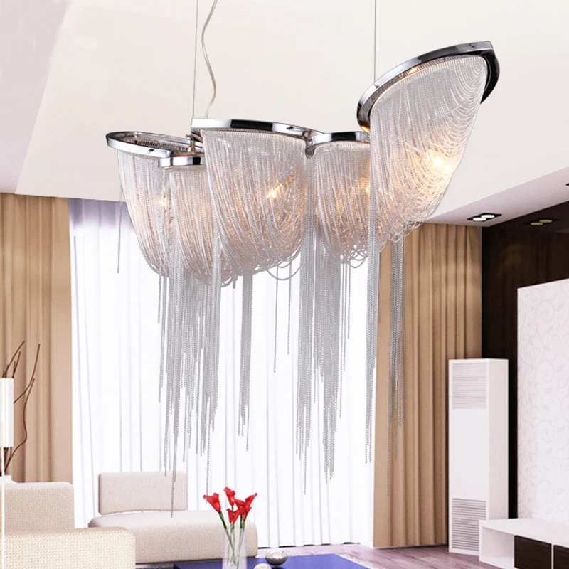 

The golden light silver hardware chain creative aluminum chain hotel lobby chandelier lamp