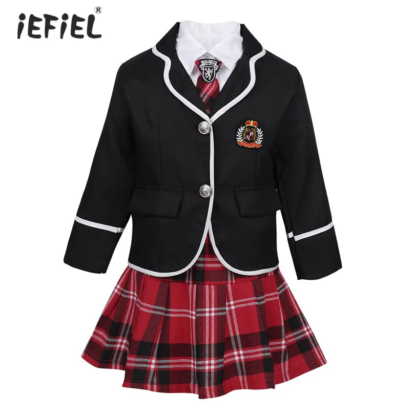 

Kids Girls British Style School Uniform Anime Costume Suit Toddler Girls Clothes Long Sleeve Coat with Shirt Tie Mini Skirt Sets