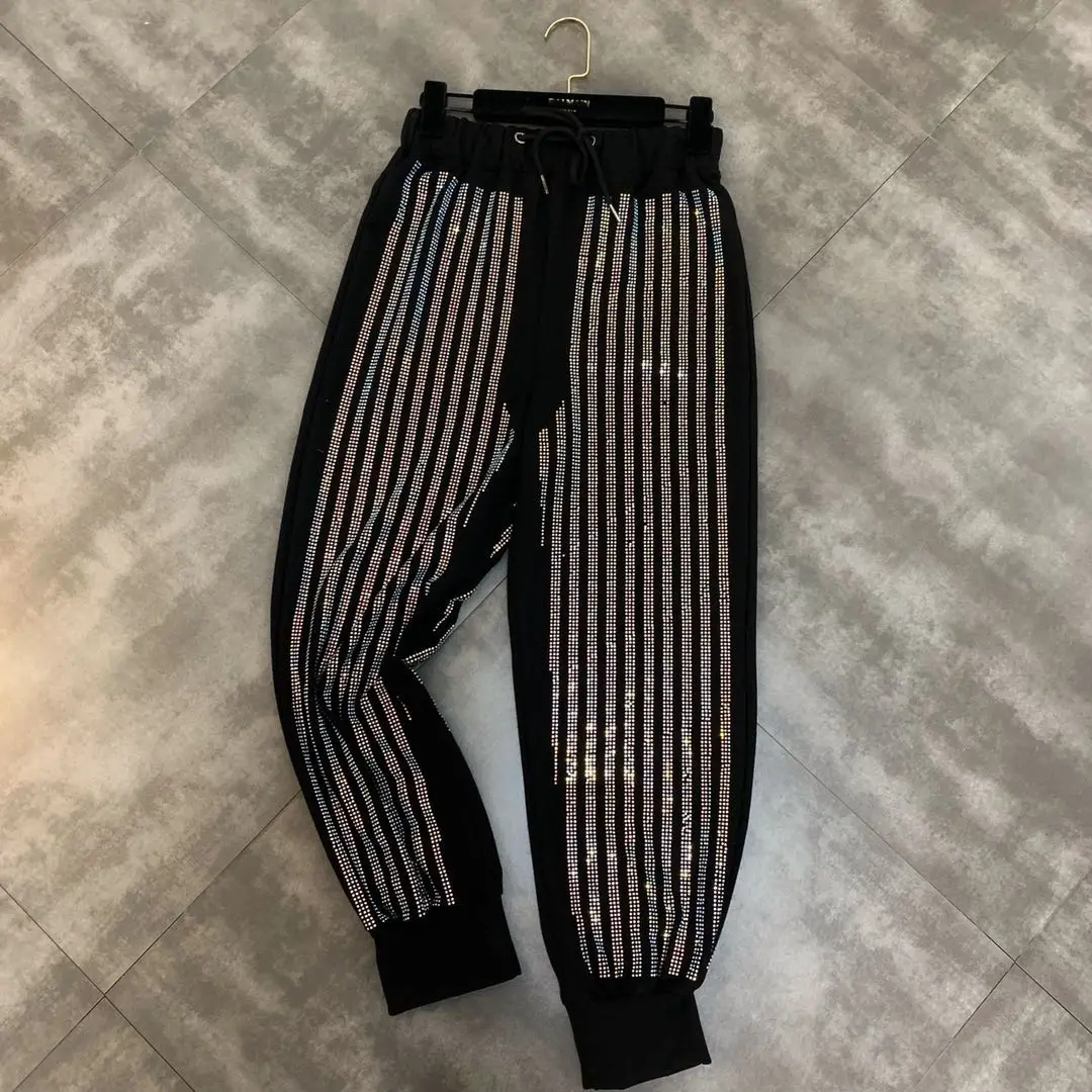 

2019 summer new elastic waist close mouth high temperature hot drilling decoration heavy work casual pants women