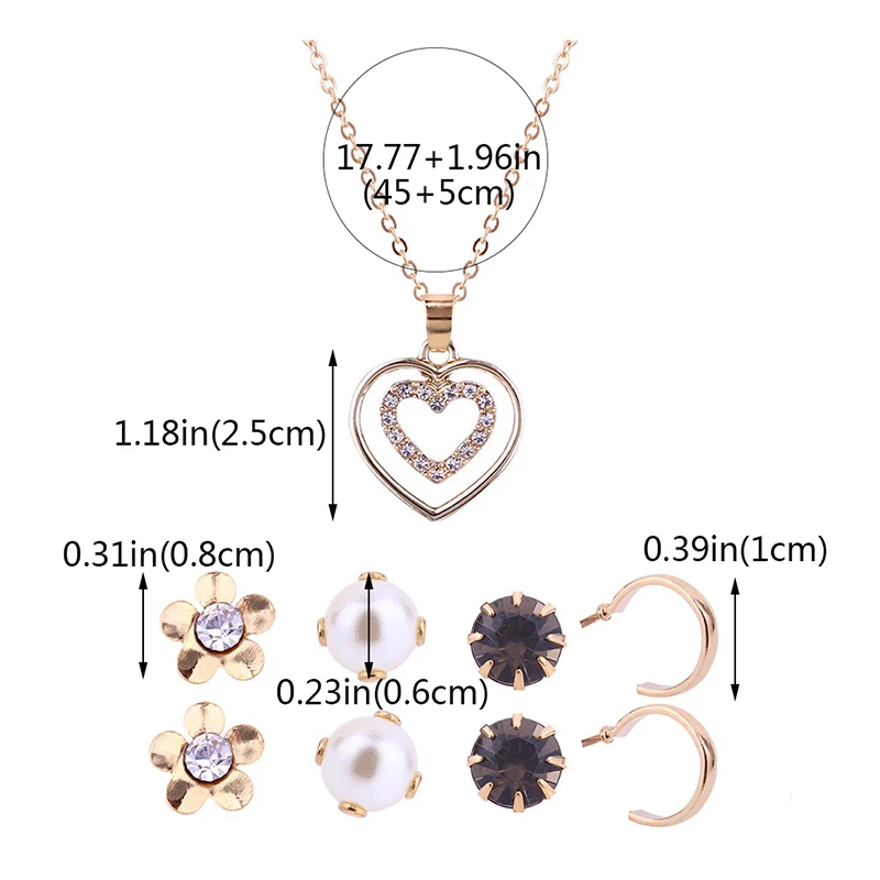 Heart Shaped Necklace & 4 Pairs Stud Earrings Sets Girls Cute Crystal Jewelry Lovely Gold Color Jewelry Sets for Women