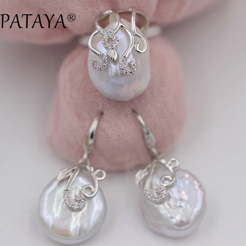 

PATAYA New Natural Zirconia Irregular Big Pearls Open Rings Earrings Sets Women True White Gold Luxury Party Trendy Jewelry Set
