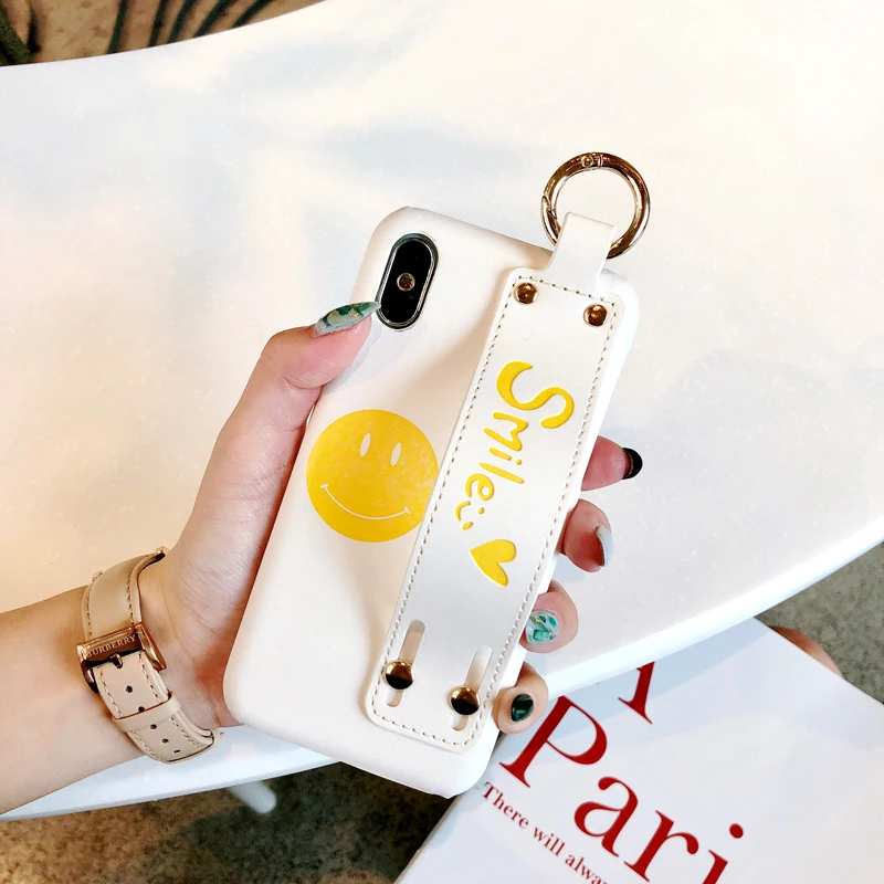 

Gimfun Korea Sweet Smile Face Wristband Phone Case Simple Pu Leather Soft Tpu Case for Iphone 7 7plus 6 6s 8 Plus X Back Cover