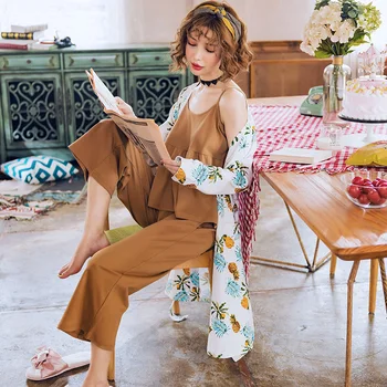

Pure Cotton Pajamas for Women Elegant 3Pieces Sleepwear Female Sexy At All Seasons Pajamas Set Coat+Vest+Pants Pijamas Mujer
