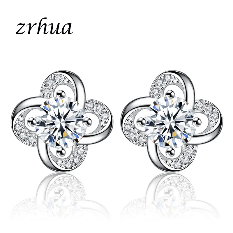 ZRHUA, два цвета, на выбор, блестящие серьги-гвоздики в виде цветка, с кристаллами, для женщин, 925 пробы, серебряные, брендовые ювелирные изделия для девушек, вечерние, аксессуары