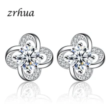 ZRHUA, два цвета, на выбор, блестящие серьги-гвоздики в виде цветка, с кристаллами, для женщин, 925 пробы, серебряные, брендовые ювелирные изделия для девушек, вечерние, аксессуары