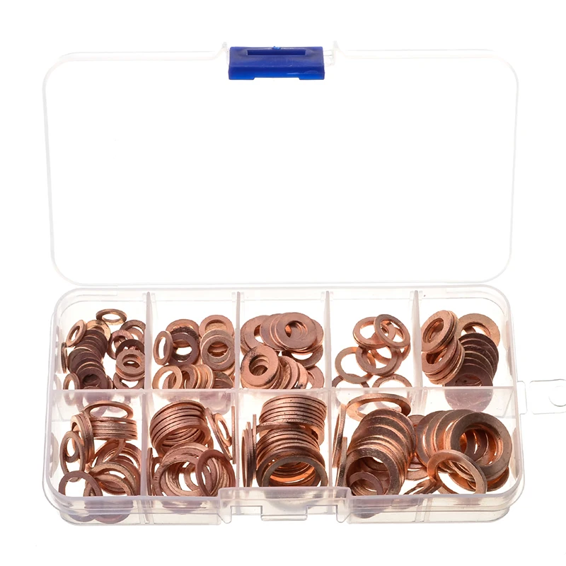 

200pcs 9 Sizes Copper Washer Gasket Set Flat Ring Seal Kit Set with Box M5/M6/M8/M10/M12/M14 For Generators Machinery