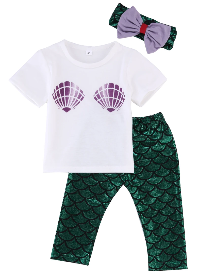 

summer 3pcs clothing set!!newborn baby girl clothes short sleeve shell tops +mermaid long pants +hair band outfitss set 0-24M