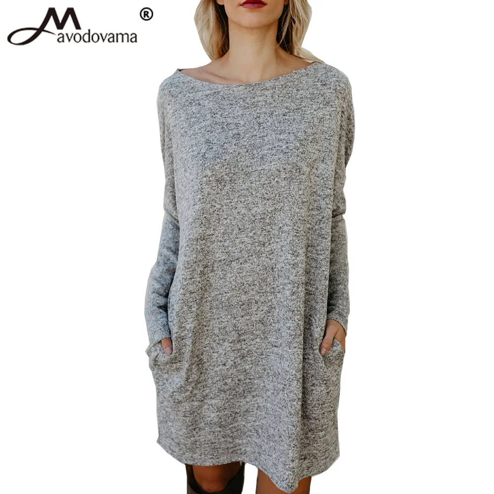 Avodovama M New Sexy Slash Neck Women Casual Dress Long Sleeve Pockets Loose Knitted Solid Dresses