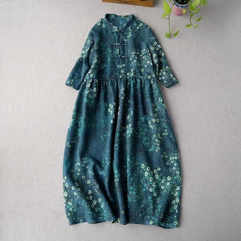 

Spring Autumn Women Casual Brief Loose Plus Size Chinese Style Vintage Buttons Comfortable Water Washed Ramie Dresses