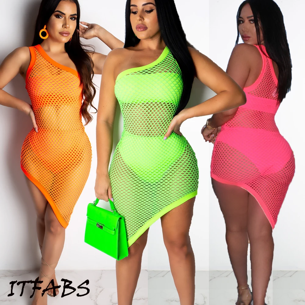 beach maxi dress with sleeves Women Cold Shoulder Loose Fishnet Dress Bikini Cover Up Beachwear Swimwear Sundress Beach Dress bathing suit bottom cover up