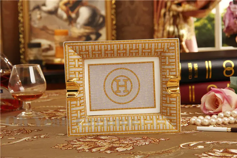 Фарфоровая пепельница из костяного фарфора "H" Mark мозаика дизайн контур в золоте прямоугольная пепельница для сигарет Бизнес подарки