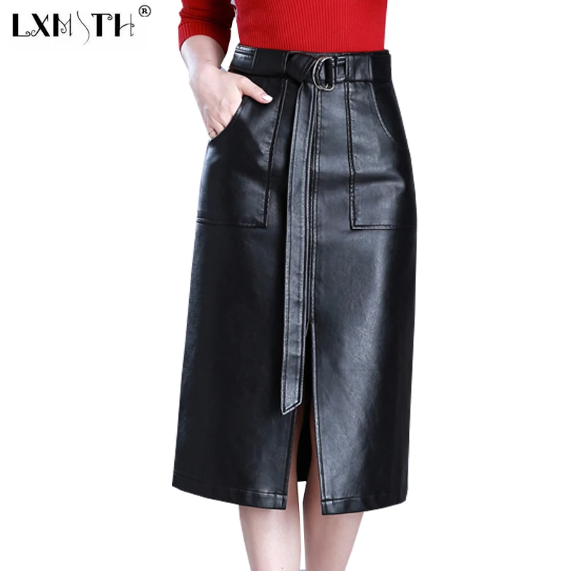 

Plus Size PU Skirt Belt Midi Length High Waist Ladies Split Skirts Slim Faux Leather Skirts 2019 Leather Slit Skater Skirt Black