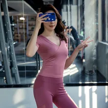 Быстросохнущая одежда женский короткий рукав колготки хлопковая футболка с коротким рукавом, одежда для бега сексуальный v-образный вырез Фитнес летний топ для занятий йогой рубашки для мальчиков