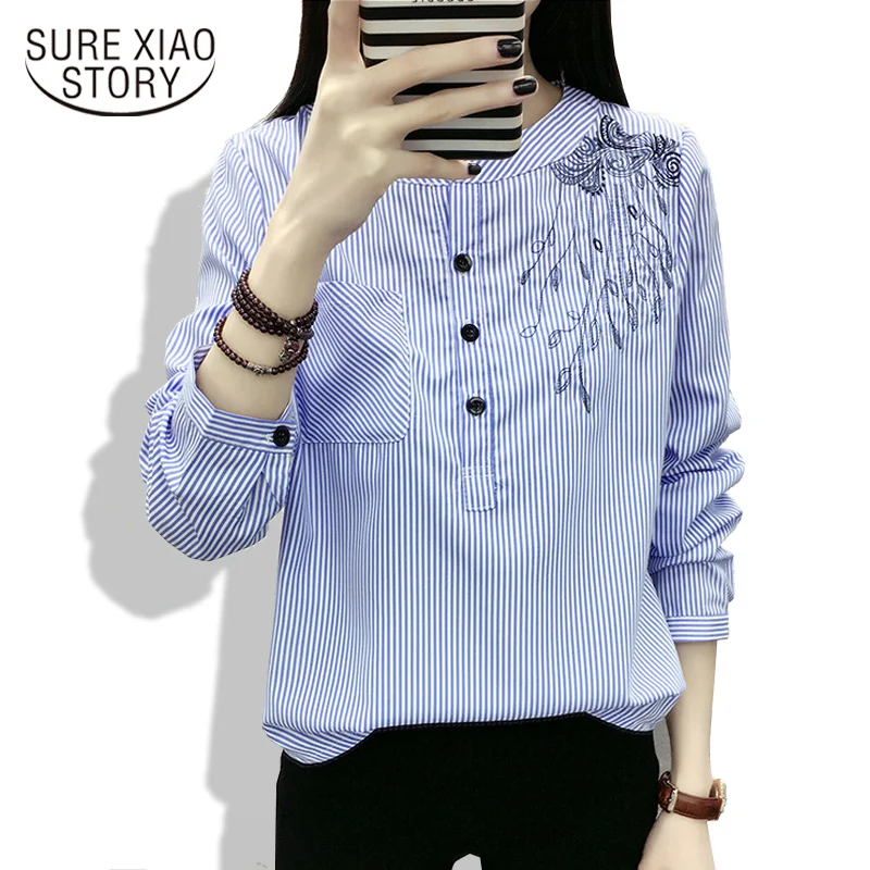 Meilleur 2017 Printemps Nouveau Mode Élégante Tops Modèle Coréen Blouse À Manches Longues En Mousseline de Soie Chemise Femelle Usure Casual Femmes Chemise Rayée 710B30