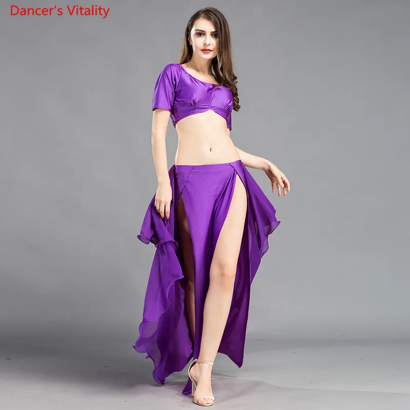 

Wholesale 2 Piece Team Practice Of Dance Wear Shirt Short Sleeves+Long Skirt Women Dance Suits Purple White Black,Red Blue