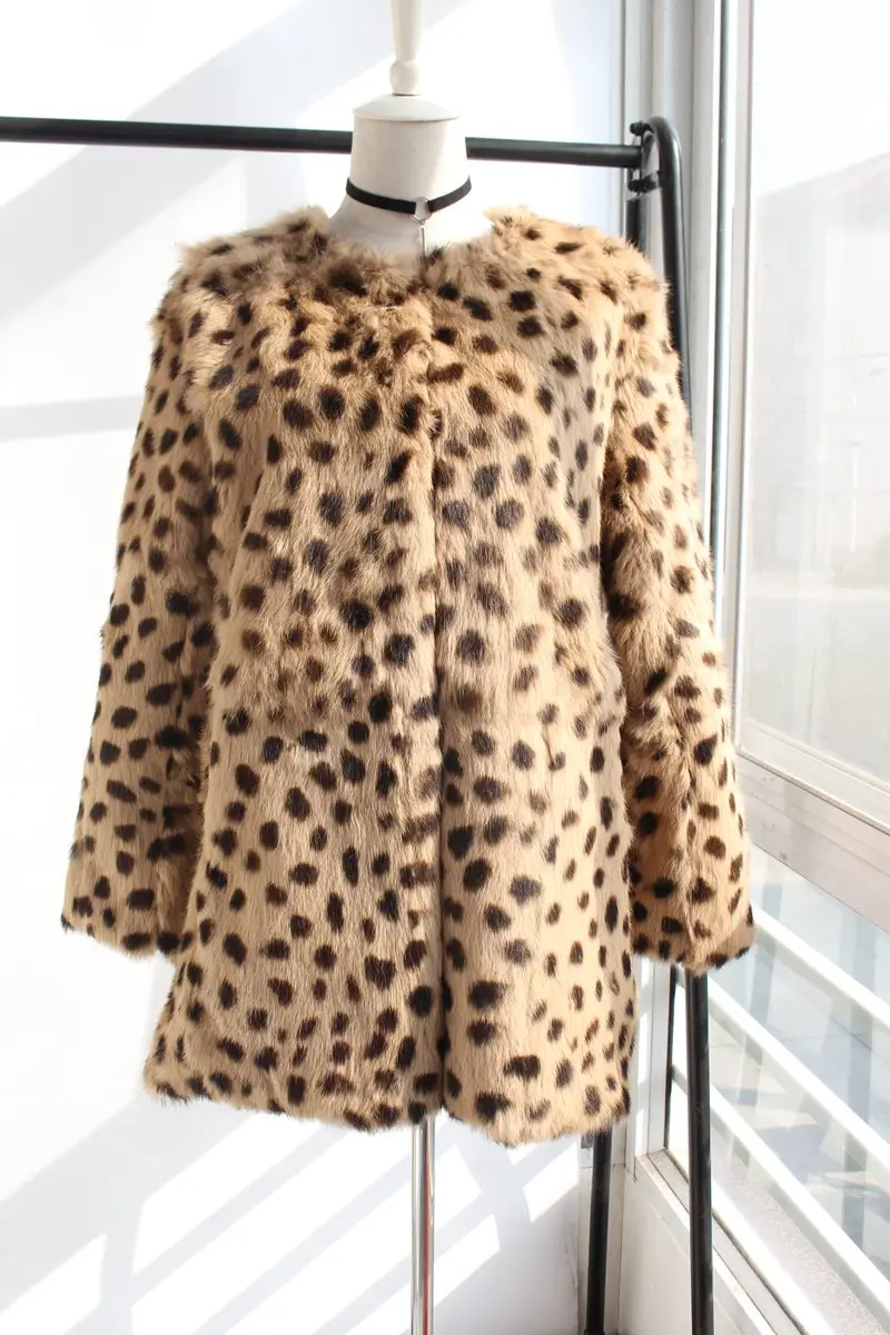 natural rabbit fur coat long sleeve leopard color (2)