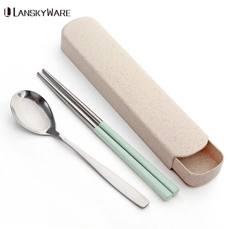 

LANSKYWARE Portable Stainless Steel Dinnerware Set With Wheat Straw Handle Box Tableware Dinner Set For Children School Picnic