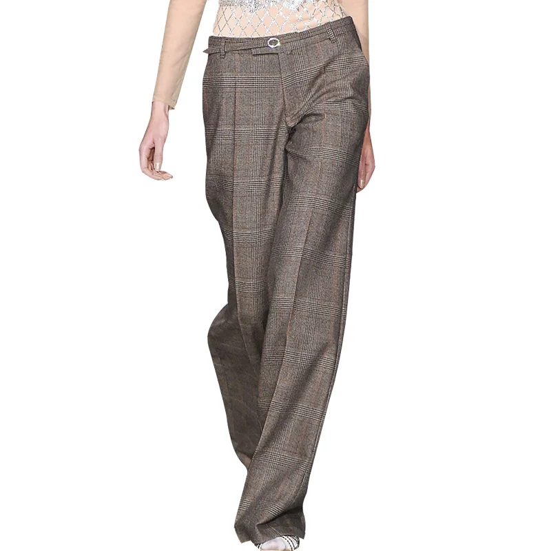 

Wide Leg Pants High Waist Plus Size Wool plaid Casual Long Belted Zip-Up Pants Loose safari pants