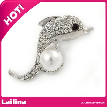 

Clear Crystal, White Pearl Dolphin Brooch In Silver Tone Metal - 45mm