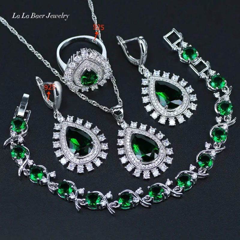 

L&B Russian Popular Water Drop Green Created Emerald White Crystal Wedding 925 Silver Color Jewelry Sets For Women & Lady