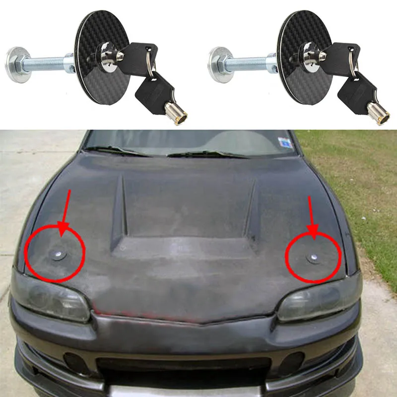 Hot 2pcs Cars Mount Carbon Fiber Hood Pins Latch Key Locking Kit