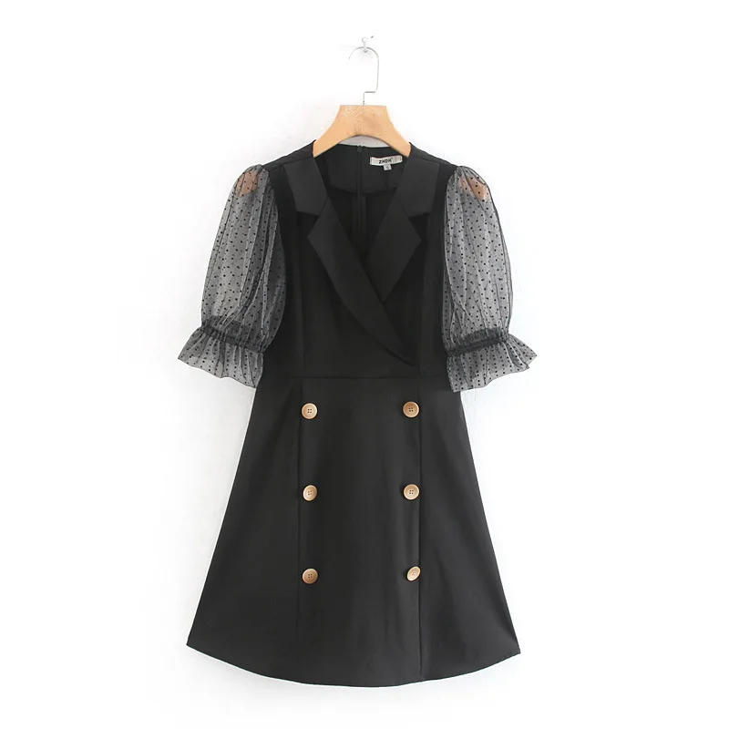 

QZ892 New Brief Double Breasted Buttons Mesh Patchwork Slim Dress Autumn Chic Vestidos