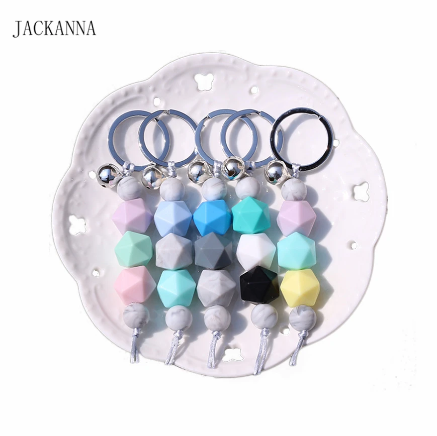 

Food Grade Silicone Beads Baby Teether Chain With Metal Key Ring ,Cute Silicone Key Chain , Mum / Newborn Gifts BPA FREE
