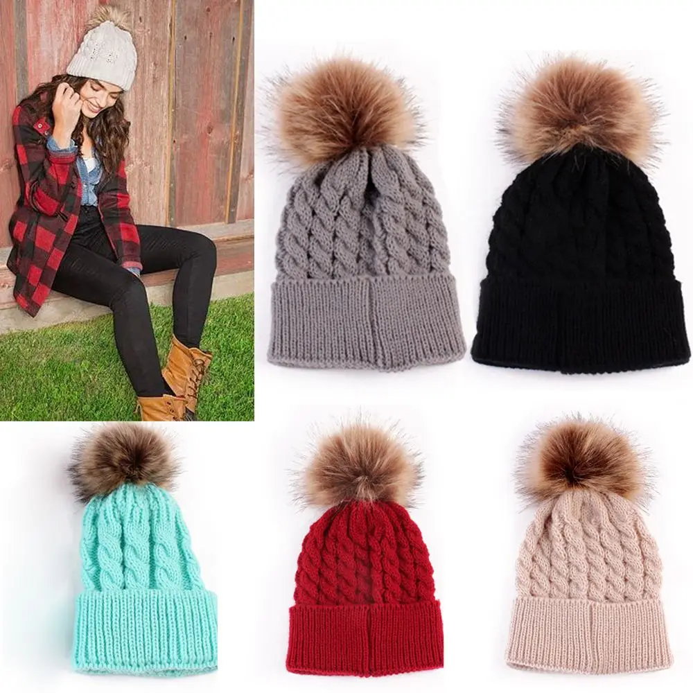 

Cute Women Autumn Winter Warm Hat Knitting Wool Cap Soft Crochet Knitted Wool Fur Beanie Pompom Ball Adjustable Hat 2016 New
