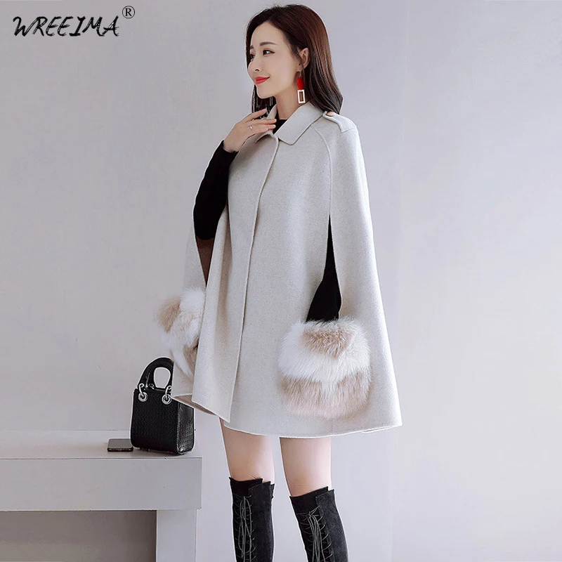 wreeima Elegant Turn-down Cloak winter cape coat Women long sleeve outerwear Wool 2018 Autumn casual streetwear overcoat | Женская
