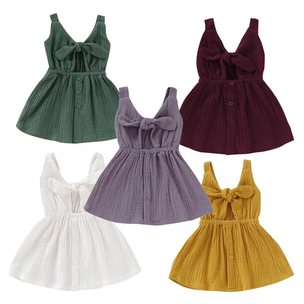 

Summer Toddler Kid Baby Girl Dress Solid Sleeveless Straps Bow Button Princess Dress Clothes Soft Cotton Comfortable 2019