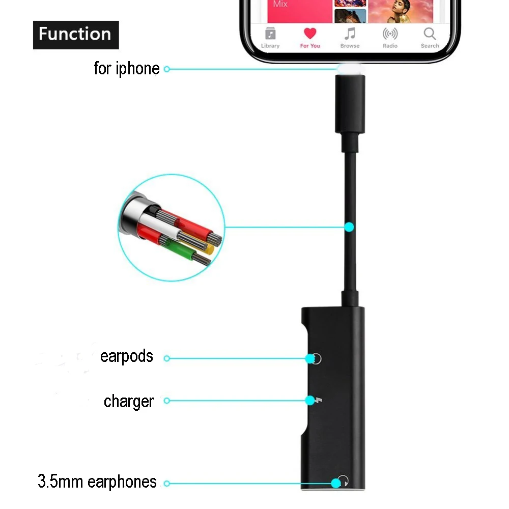 3 in 1 Charger Headphone Adapter for iPhone X 7 8 Plus iPad Aux Cable Connect to Dual Port +3.5mm Earphone Adaptador IOS 11