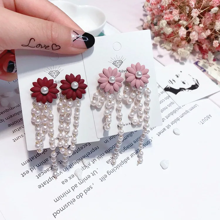 flower pearl tassel earring Hypoallergenic fadeless fashion jewelry stud earrings for women girl Christmas gift