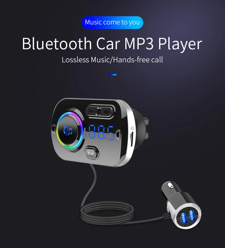 JINSERTA Bluetooth 5,0 MP3 плеер FM передатчик автомобильный комплект USB QC3.0 Громкая связь красочные атмосферные огни Поддержка TF карты