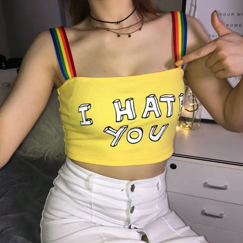 

YYXZ Summer Camis Fashion Cute Slim Sexy Print Letters SML Backless Rainbow Strap Thin Fabric Woman Casual Short Camis Crop Top