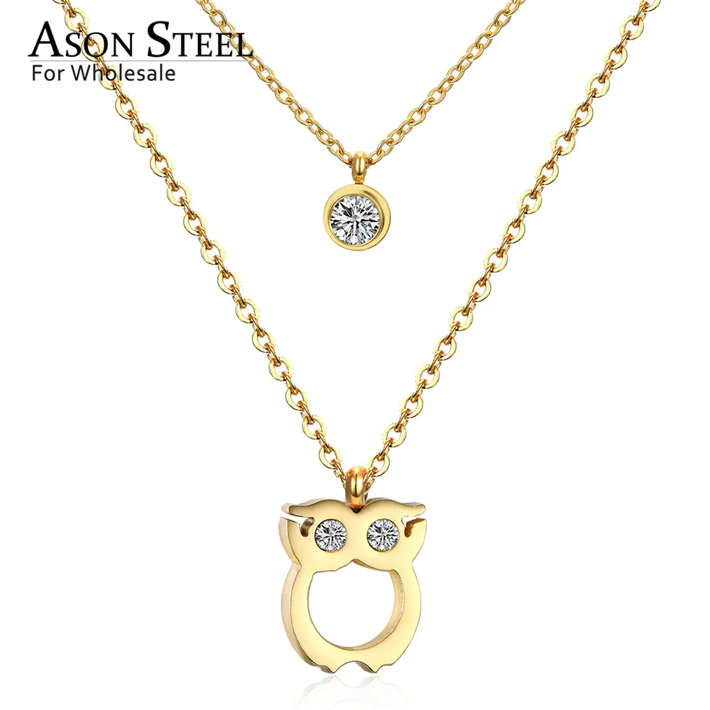 

ASONSTEEL Double Chains Necklaces 45cm Collars Jewelry Owl Pendant Necklaces Round Cubic Zirconia Accessories Bijoux Female