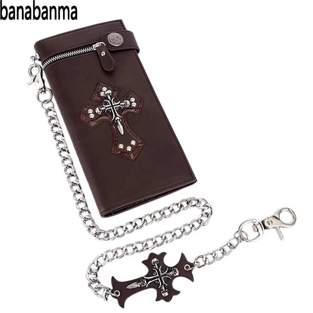 

PinShang Stylish Men Wallet Retro Metal Skull Cross Long-Style Leisure Business Wallet Money Clip with Chain Wallet & Purse Z30