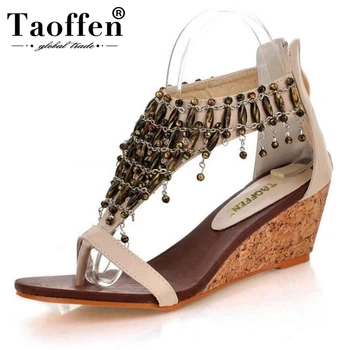 

TAOFFEN Size 30-43 Real High-Heeled Shoes Small Yards Bohemia National Trend Beaded Zipper Footwear Women's Wedges Sandals