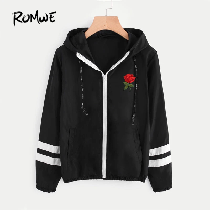 Kopen ROMWE Varsity Gestreepte Zip Up Hooded Vrouwen Jas En Jas 2017 Vrouwen Kleding Rits Jas Zwart Borduurwerk Korte Jas
