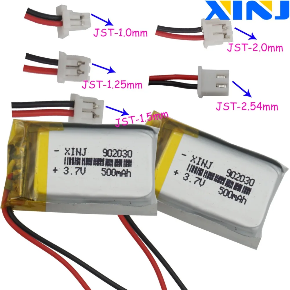 

2pcs 3.7V 500mAh 1.85Wh Polymer Li Lithium Battery 902030 JST 2pin 1.0/1.25/1.5/2.0/2.54mm For GPS Car Camera Bluetooth Speaker