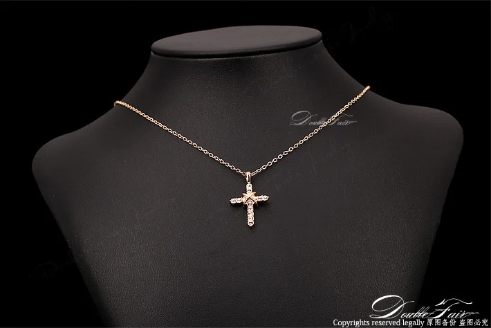 Double Fair Cross Cubic Zirconia Pave Necklaces & Pendants Rose Gold/Silver Color Wedding Jewelry For Men and Women DFN451M