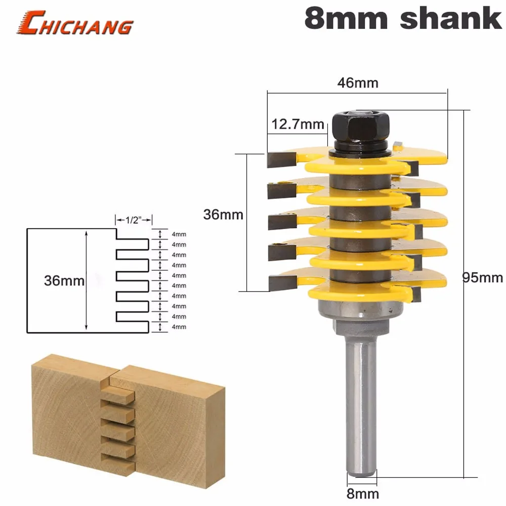 

1pcs box Joint Router Bit - Adjustable 5 Blade - 3 Flute - 8" Shank For Wood Cutter Tenon Cutter for Woodworking Tools