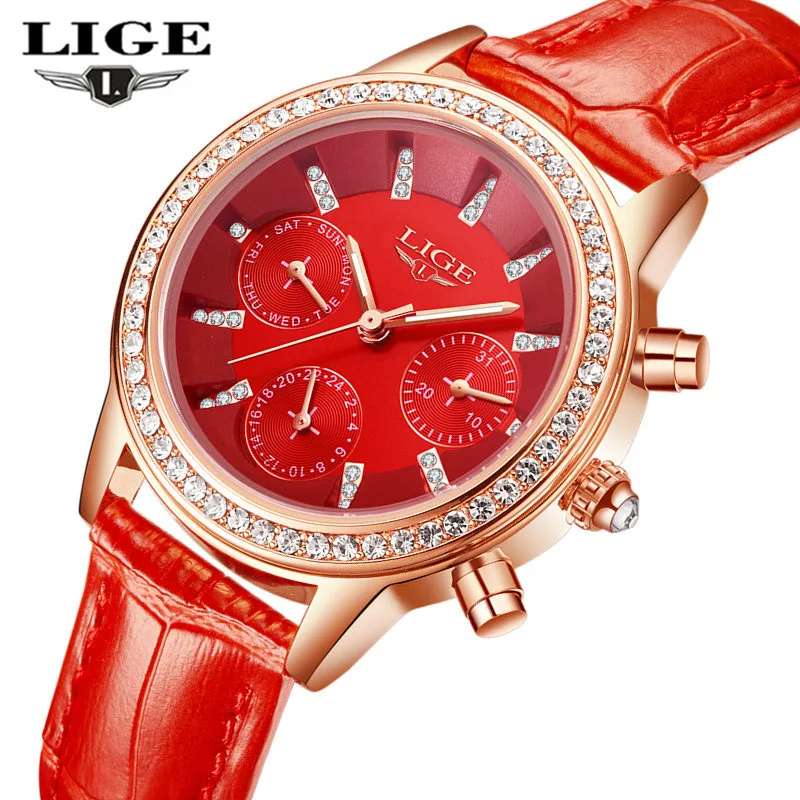 

LIGE Top Luxury Brand Women Watch Fashion Casual Leather Quartz Watch Ladies Diamond Dress Watches Female gift Relogio Feminino
