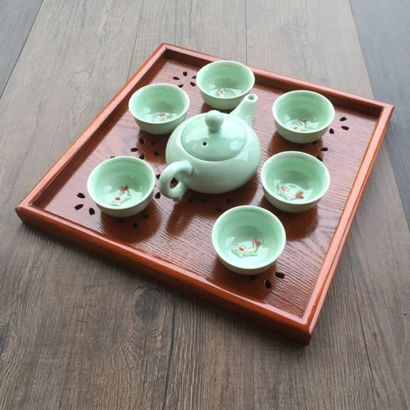 Креативный полый деревянный поднос из вишни, прямоугольная деревянная тарелка, домашняя квадратная чайная чашка, чайный поднос