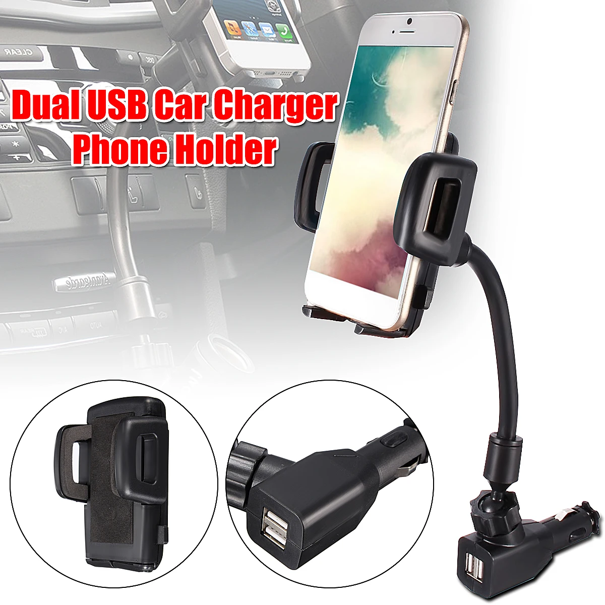 LEORY Car Phone Mount Holder With Cigarette Lighter Socket Dual