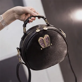 

NEW Fashion Women Girls Rabbit Ears Black PU Leather Circular Small Crossbody Bag Handbag Shoulder Purse