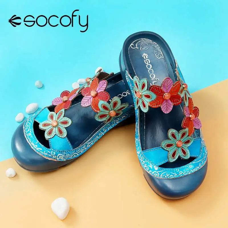 

SOCOFY 2019 Women Summer Handmade Slippers Floral Shoes Platform Retro Sandals Round Toe Slippers Genuine Leather Bohemian