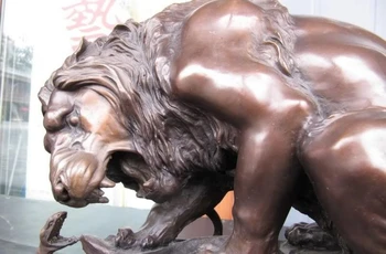 

13 Western Copper Bronze & Marble bellow Lion combat with Snake Statue