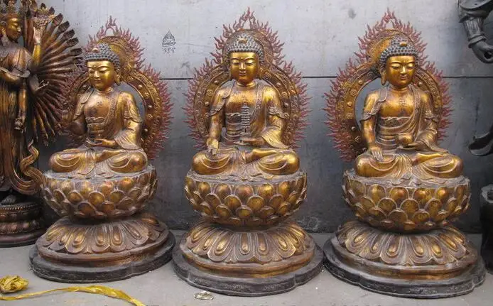 44 Китайский Буддизм бронза Позолоченный три Амитабха будда Шакьямуни Статуи набор