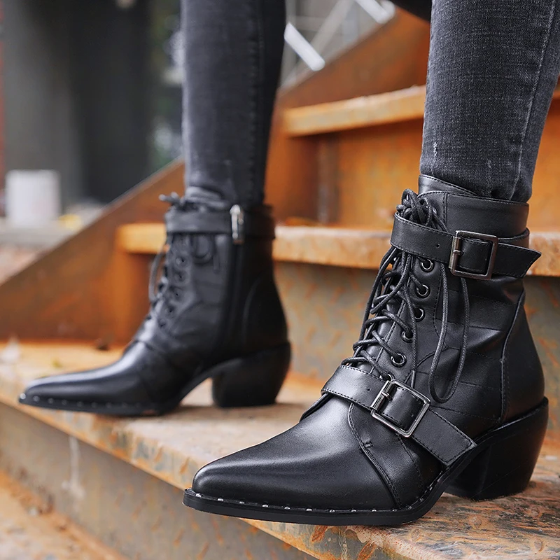 

Women Shoes Brand New Cow Leather Large Size 34-42 Hot Sale Chunky Heels Boots Women Shoes Western Woman Ankle Boots